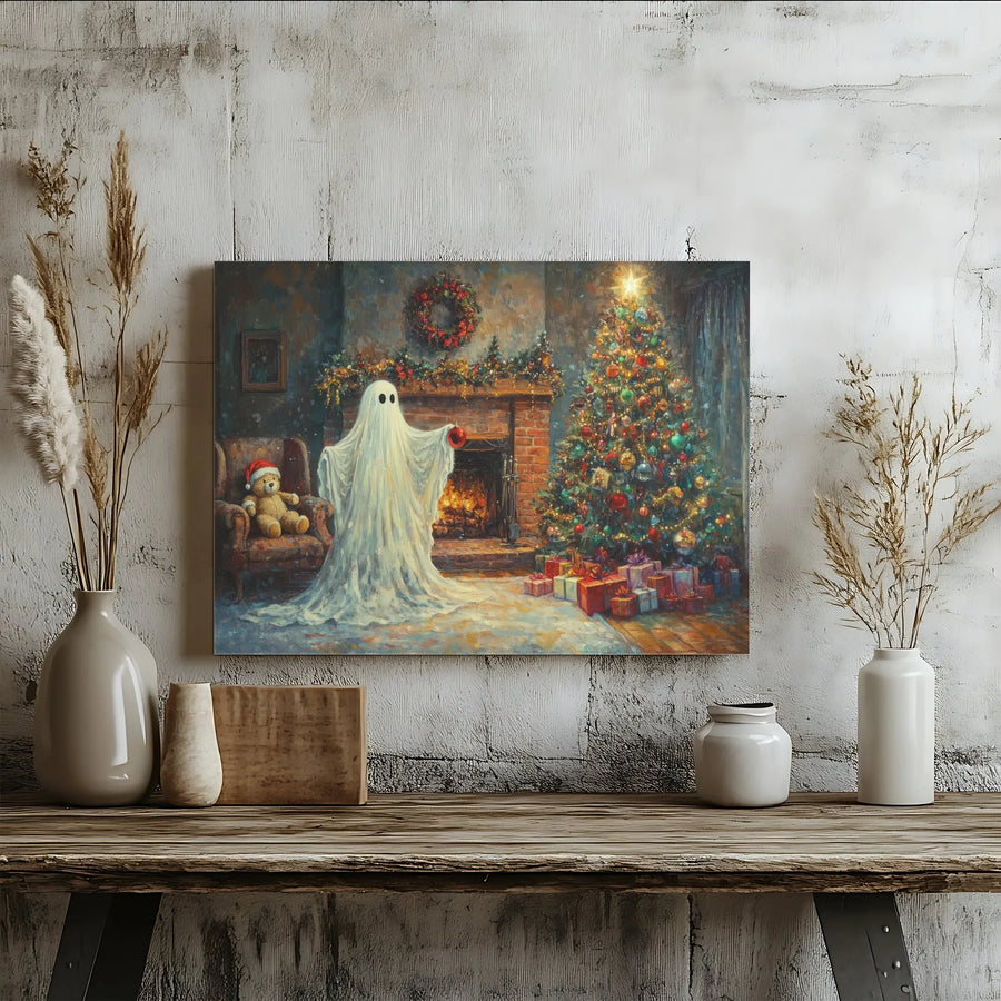 Ghost Decorating Christmas Tree Canvas | Spooky Cute Holiday Fireplace Scene | Premium 1.25 Inch Gallery Wrap | Whimsical Winter Wall Art Gift