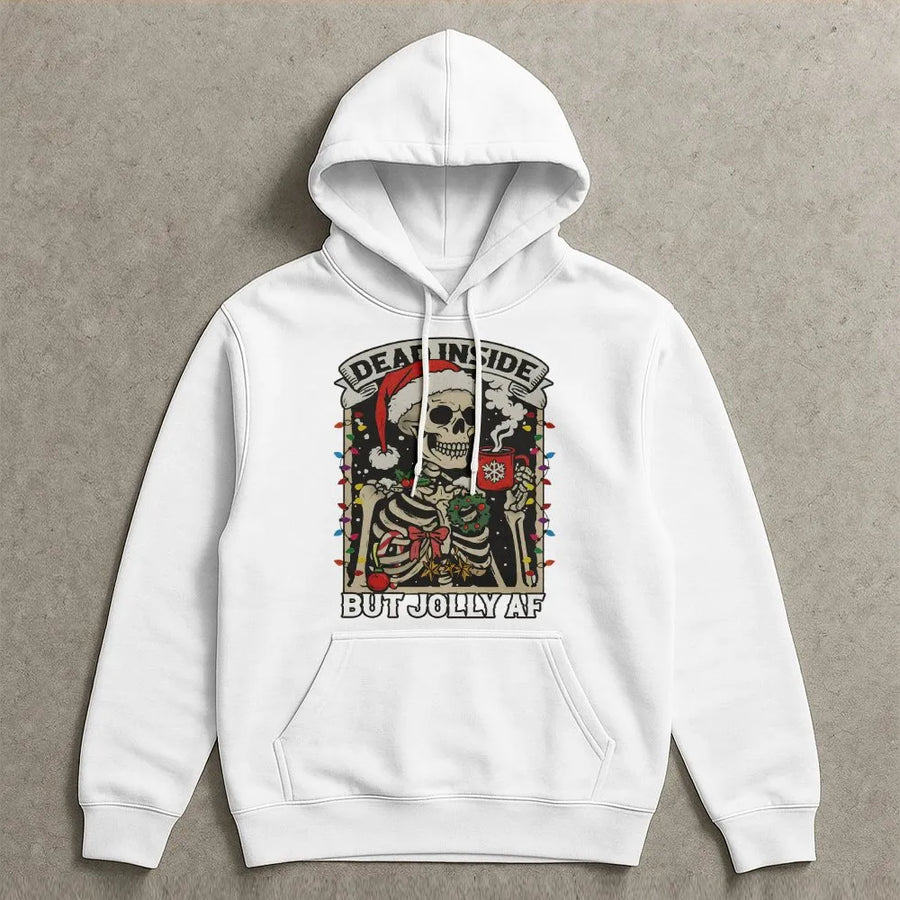 Dead Inside But Jolly AF Christmas Hoodie | Funny Skeleton Coffee Lover Graphic Sweatshirt | Premium Unisex Holiday Apparel | Festive Gift for Him Her