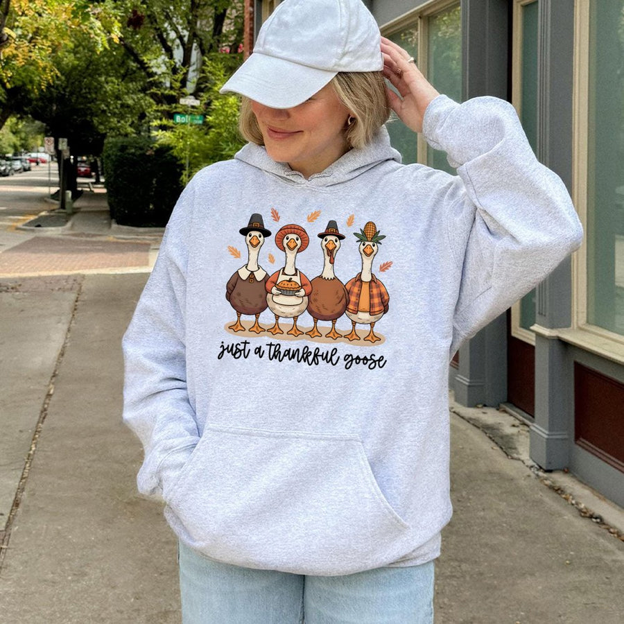 Thankful Goose Hoodie | Cute Thanksgiving Fall Graphic Pullover | Soft Cotton-Blend Premium Apparel | Autumn Holiday Gift For Her