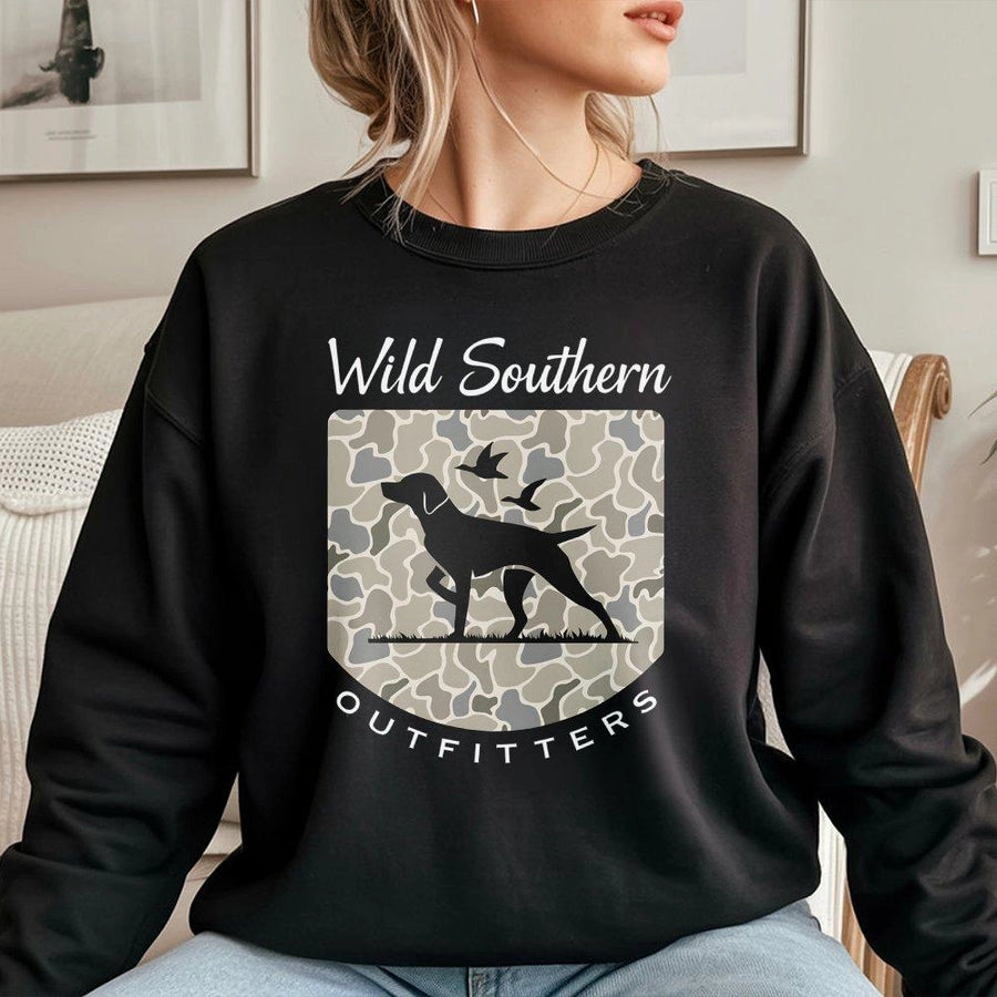Hunting Dog Camo Sweatshirt | Southern Outdoor Lifestyle Graphic | Premium Cotton Blend | Gift for Hunter and Outdoorsman