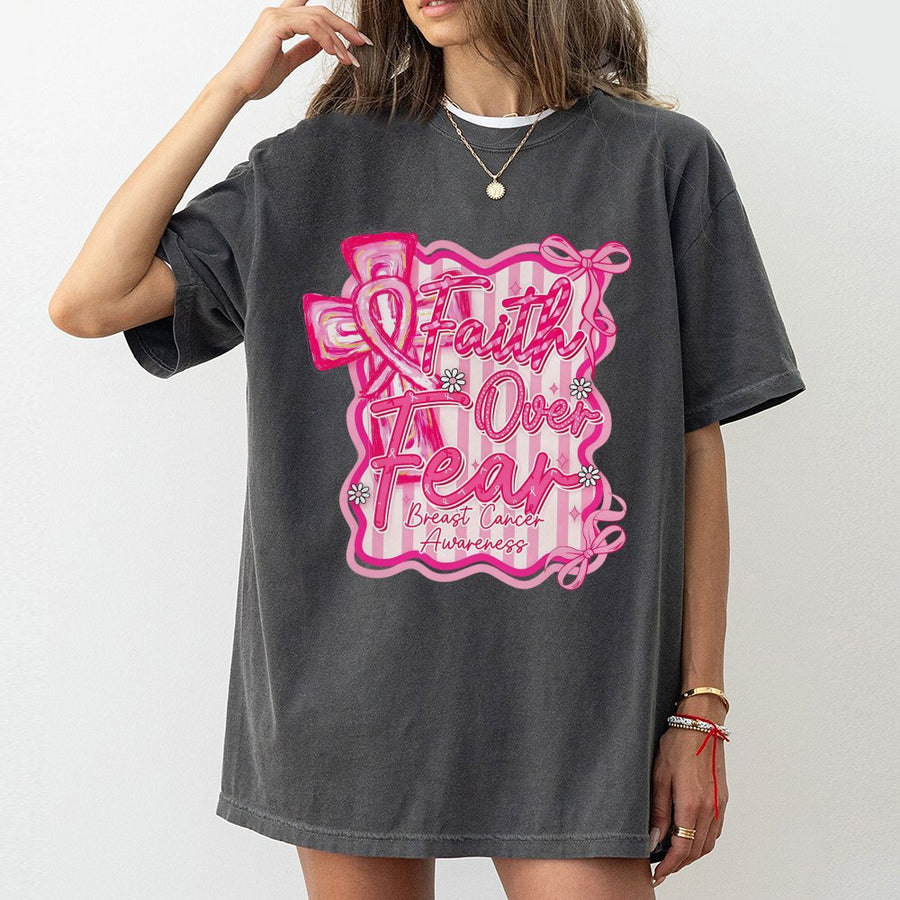 Breast Cancer Awareness T-Shirt | Faith Over Fear Coquette Pink Ribbon Design | 100% Cotton Premium Tee | Supportive Gift for Survivors & Fighters