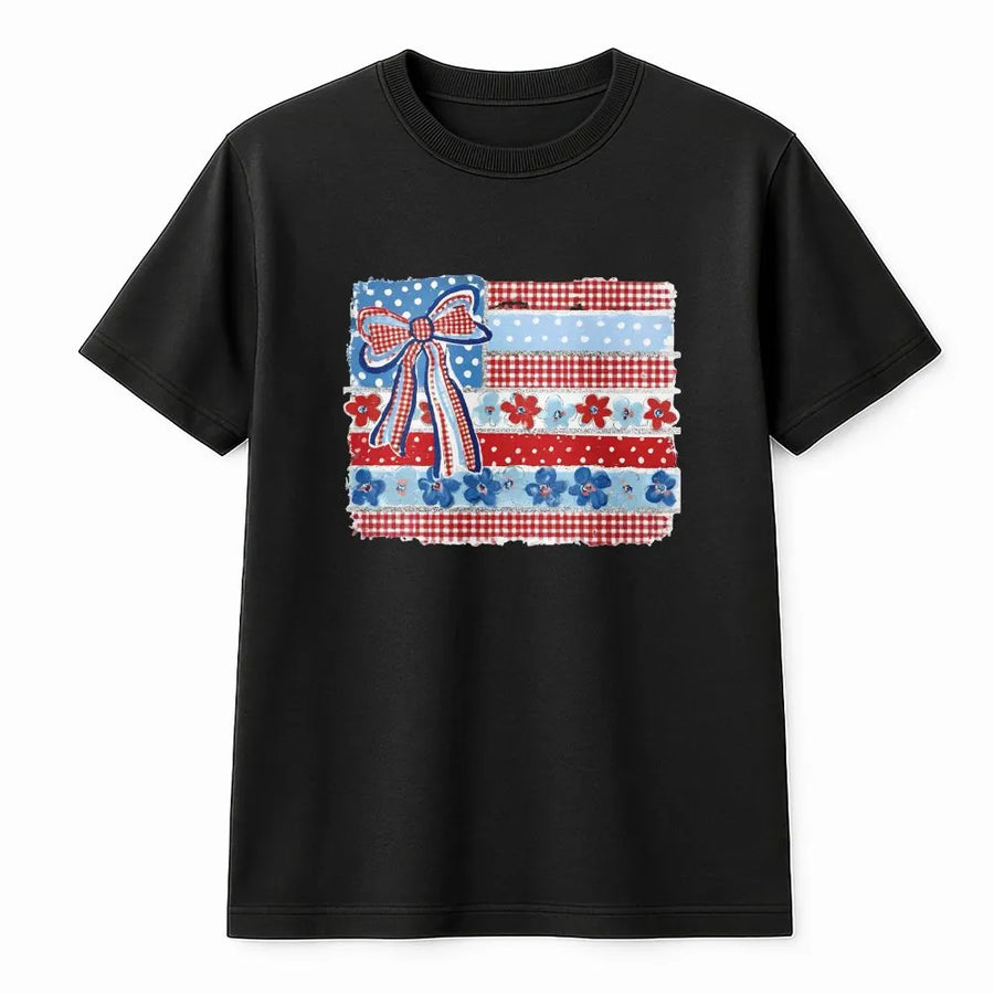 Coquette American Flag T-Shirt | Patriotic Bow & Ditsy Floral USA Flag | Soft Cotton Blend Sweatshirt | 4th of July Gift for Her