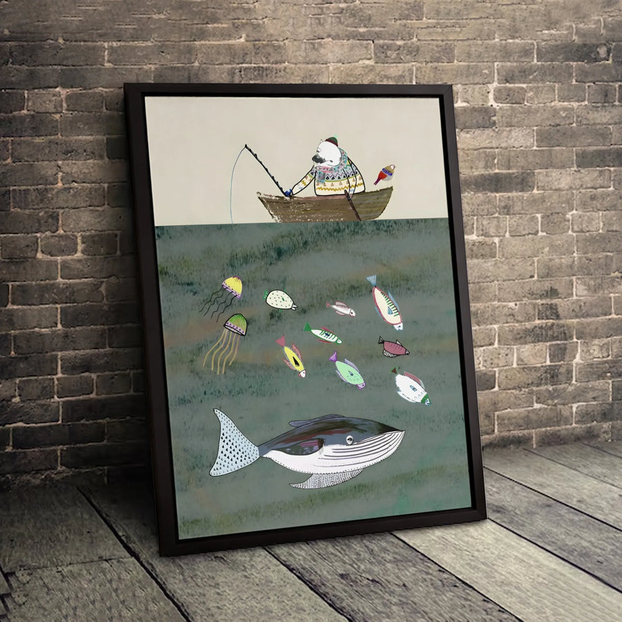 Whimsical Polar Bear Fishing Canvas | Underwater Whale & Fish Illustration | Premium Fade-Resistant Wall Art | Nursery & Home Decor Gift