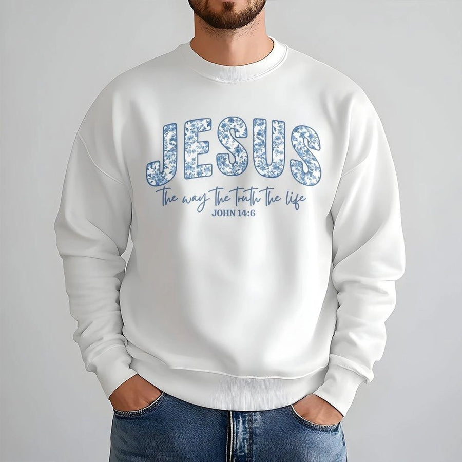 Jesus The Way The Truth The Life Sweatshirt | Blue Floral Aesthetic Bible Verse Design | Premium Cotton Blend | Faith-Based Religious Gift
