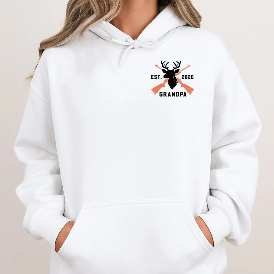 Sweat à capuche Grand-père Chasse au cerf | Motif annonce de grossesse Établi 2026 | Doux mélange coton-polyester | Premier cadeau de fête des Pères pour le futur grand-père