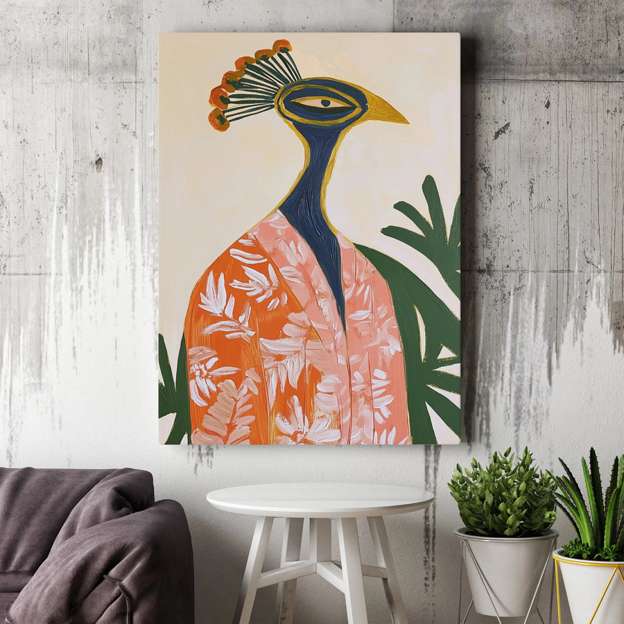 Abstract Peacock Canvas Art | Whimsical Bird in Floral Kimono Wall Decor | Premium Fade-Resistant Gallery Wrap | Sophisticated Home Office Gift