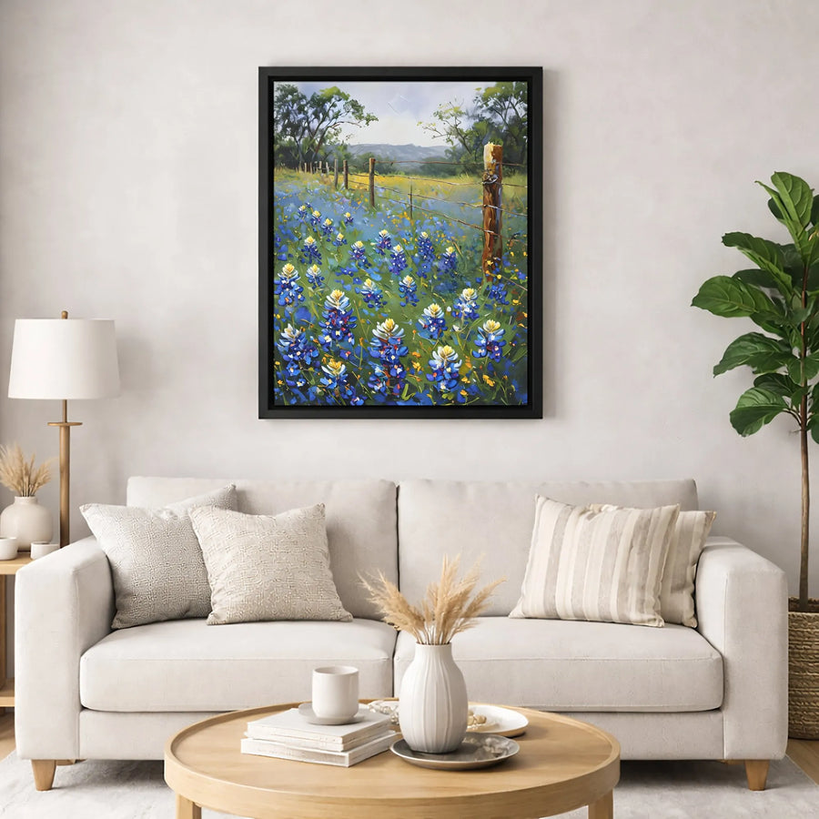 Texas Bluebonnet Field Wall Art | Impressionist Wildflower Landscape | Premium Gallery-Wrapped Canvas | Rustic Country Home Decor Gift