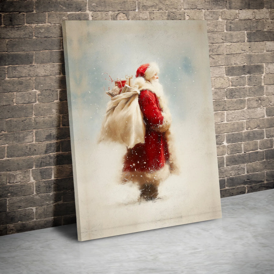 Vintage Santa Claus Wall Art | Nostalgic Christmas Painting in Snow | Premium Gallery Wrapped Canvas | Holiday Decor for Home and Office