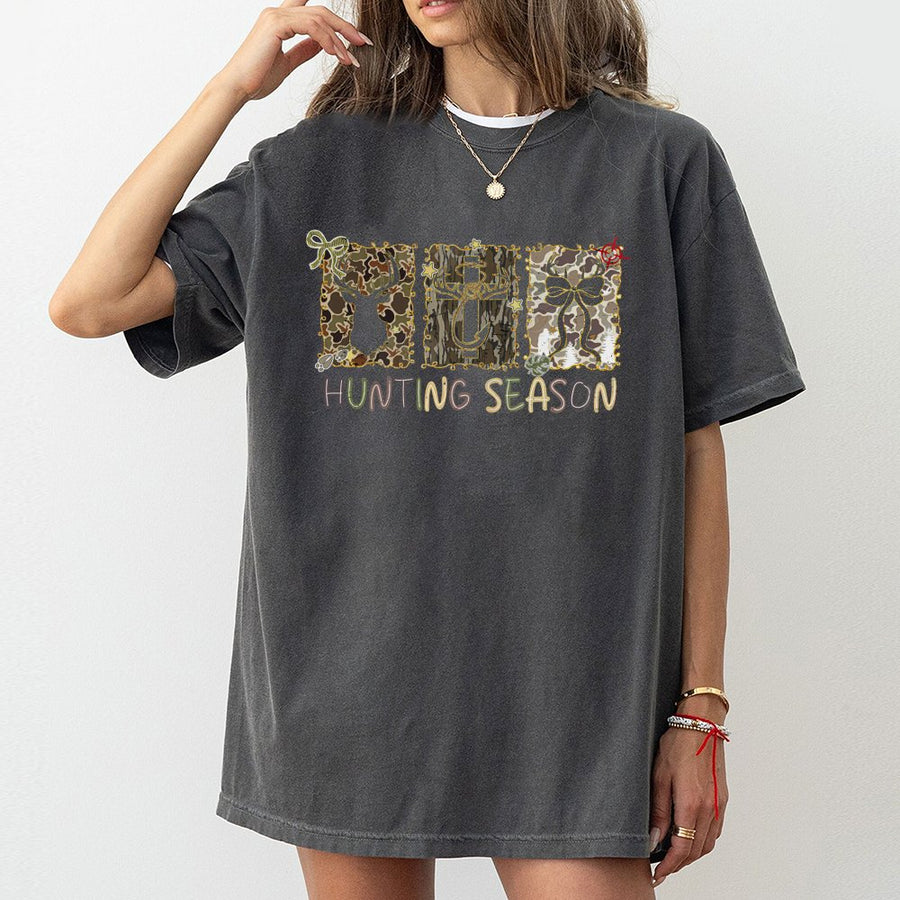 Hunting Season T-Shirt | Camo Deer Cross Graphic | Premium 100% Cotton Tee | Rustic Fall Outdoor Gift for Women and Men