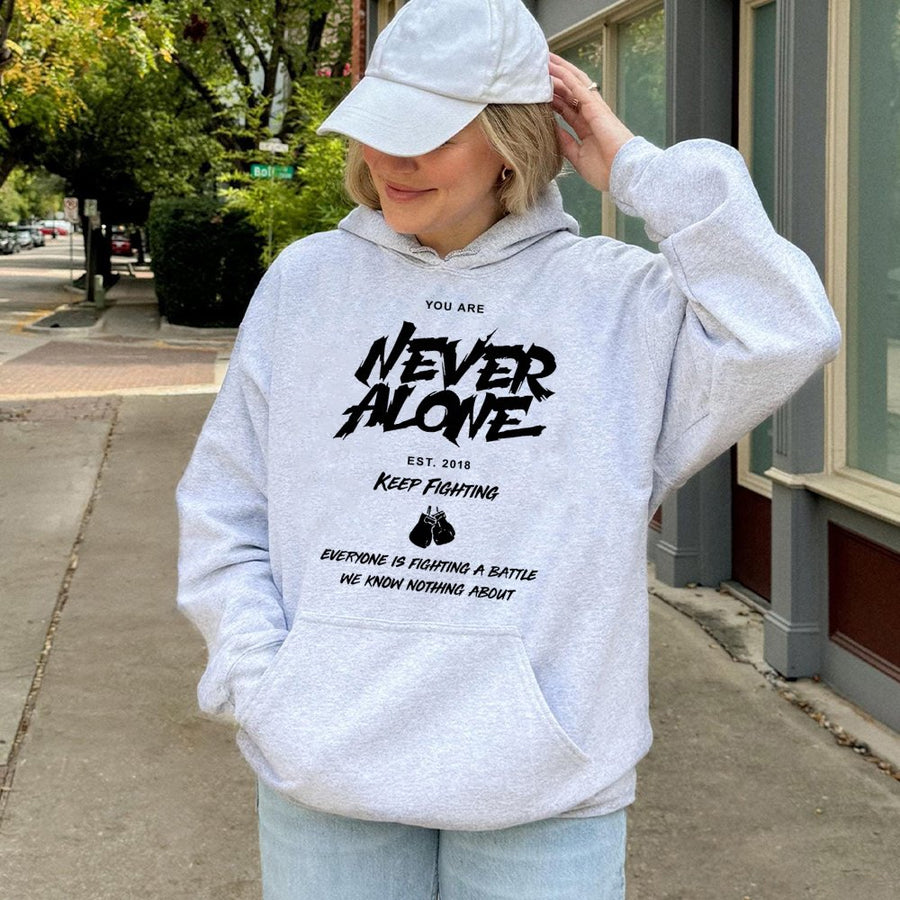 Never Alone Hoodie | Mental Health Awareness Boxing Graphic | Premium Cotton Blend | Inspirational Gift For Fighter Supporters