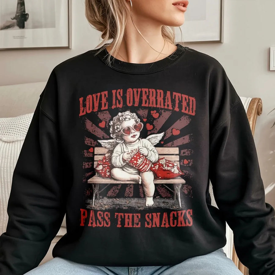 Love Is Overrated Sweatshirt | Funny Anti-Valentine Cupid Graphic | Premium Cotton Blend | Sarcastic Gift for Women & Men
