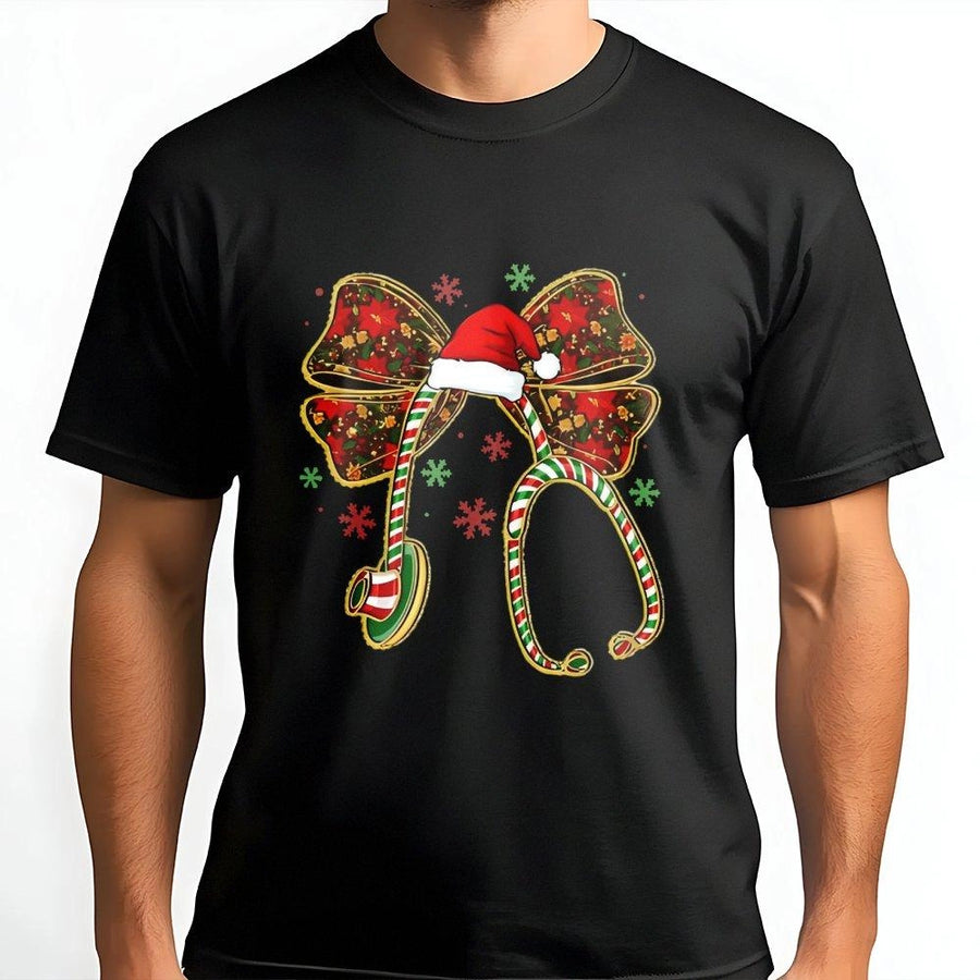 Christmas Nurse T-Shirt | Festive Stethoscope Bow Graphic | Soft 100% Cotton Premium Tee | Unique Holiday Gift for Nurses & Nursing Students