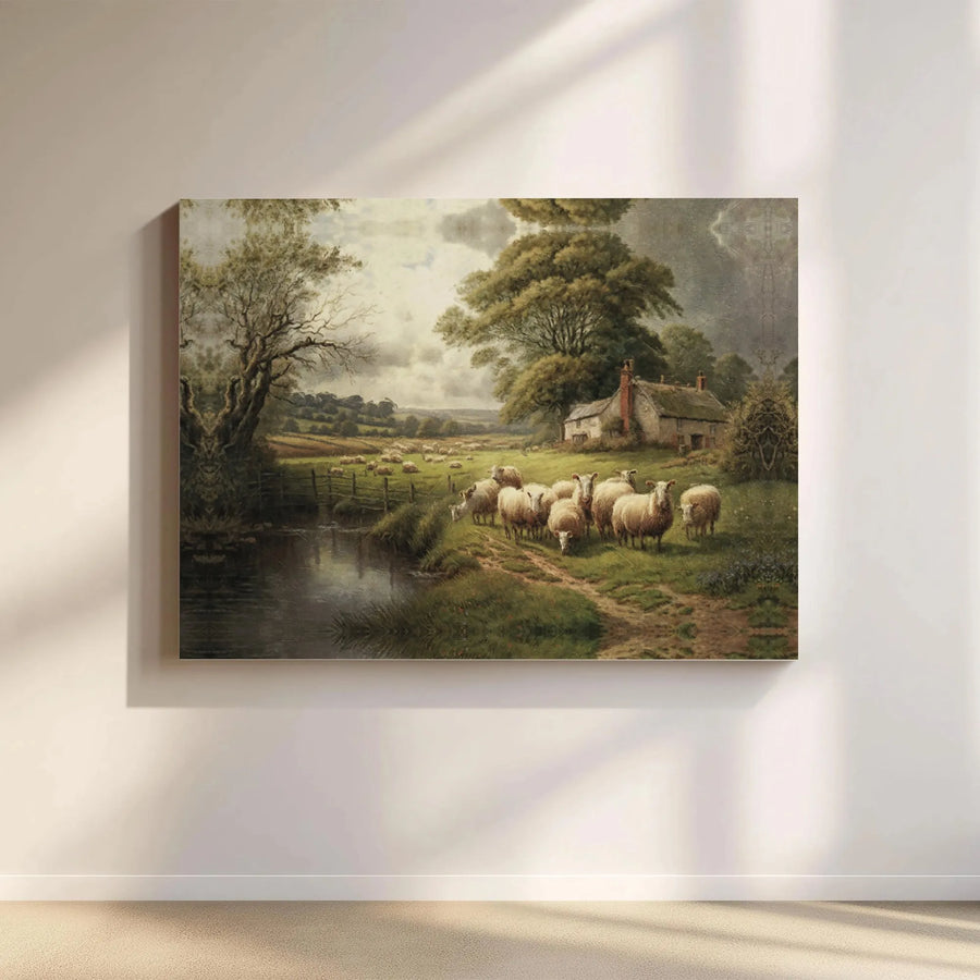 Vintage Farmhouse Sheep Painting Canvas Print | English Countryside Landscape Art | Premium Gallery Wrap Canvas | Rustic Living Room Decor Gift