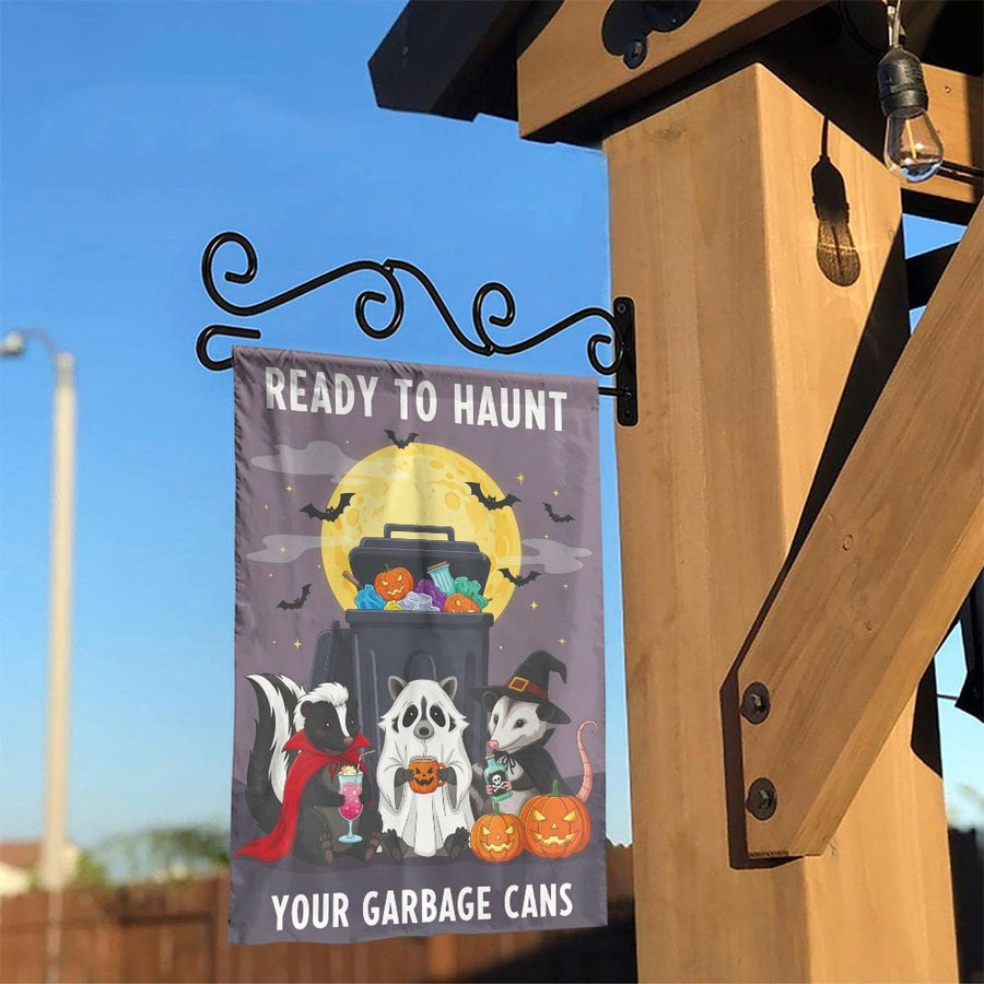 Funny Halloween Garden Flag | Ready To Haunt Your Garbage Cans Raccoon Opossum Design | Premium Weather-Resistant Polyester | Spooky Outdoor Yard Decor Gift