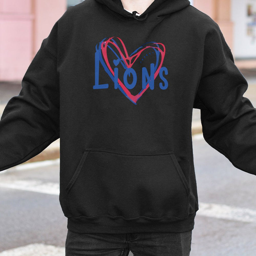 Lions Football Heart Hoodie | Doodle Sport Graphic Pullover | Premium Cotton Blend Sweatshirt | Game Day Fan Gift for Women Men