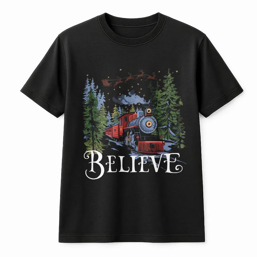 Believe Christmas Train T-Shirt | Retro Winter Forest Graphic Tee | Premium 100% Cotton Apparel | Festive Holiday Gift for Train Lovers