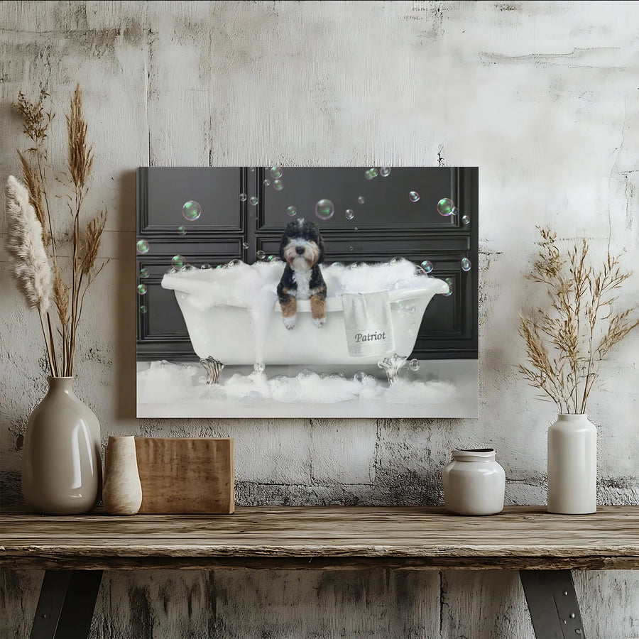 Funny Dog Wall Art | Cute Bernedoodle Puppy in Bubble Bath Canvas Print | Premium Gallery Wrapped Art | Bathroom Decor Gift for Dog Lover