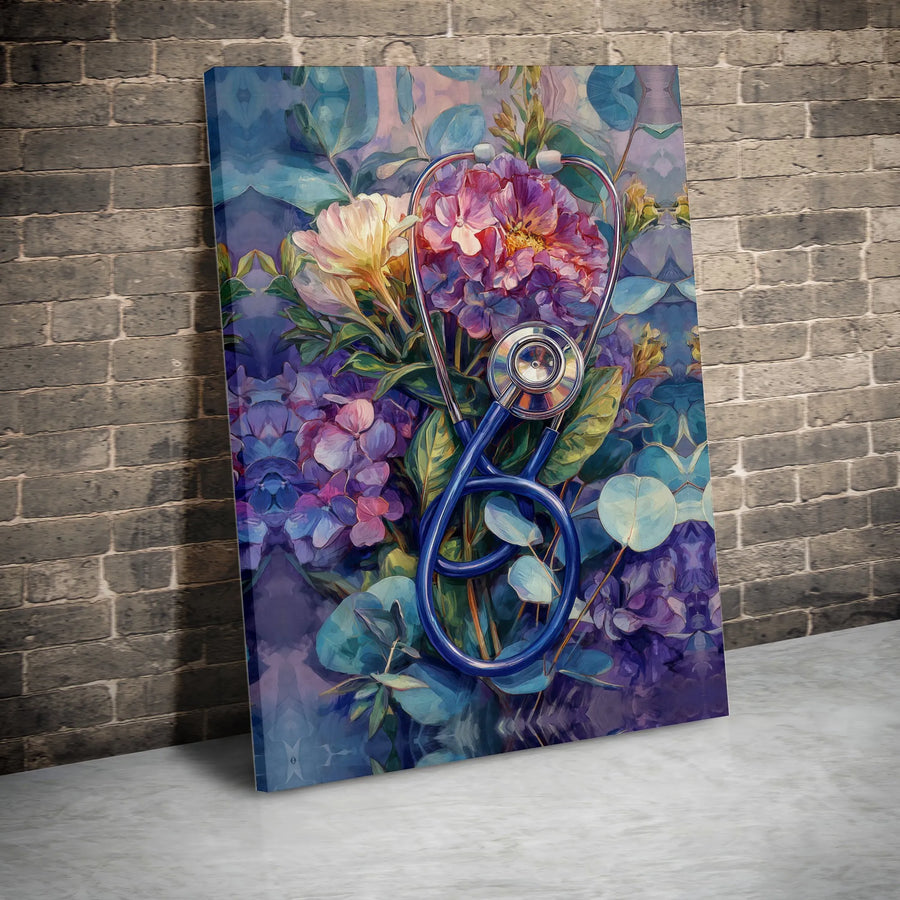 Floral Stethoscope Canvas Wall Art | Watercolor Botanical Medical Illustration | Premium Gallery Wrapped Canvas | Unique Gift for Doctor, Nurse, Med Student