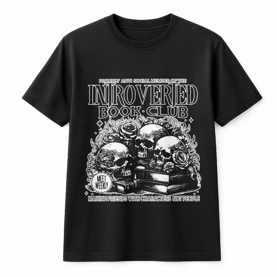 Introverted Book Club T-Shirt | Goth Skull & Rose Reading Graphic | Premium Soft Cotton Tee | Bookish Gift for Readers & Introverts