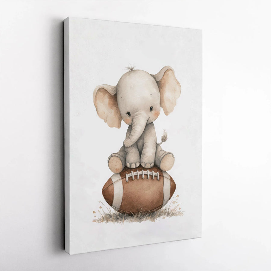 Baby Elephant Football Canvas Wall Art | Cute Watercolor Animal Print | Premium Gallery Wrapped Canvas | Nursery Decor for Boys Room Sports Theme Gift