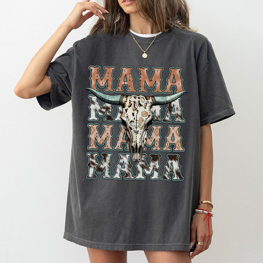 Western Mama T-Shirt | Boho Cow Skull Graphic Design | 100% Cotton Premium Quality | Gift for Country Moms and Rodeo Lovers