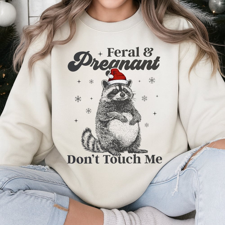 Feral and Pregnant Raccoon Sweatshirt | Funny Christmas Maternity Graphic | Soft Cotton Blend | Unique Gift for Expecting Mom