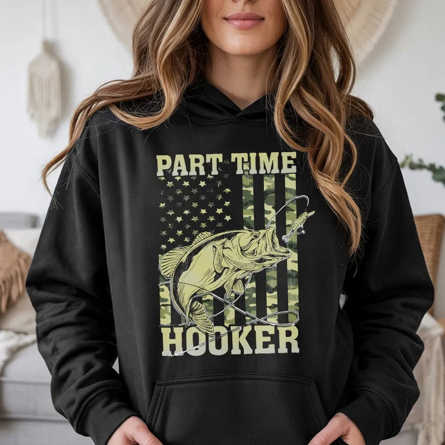 Part Time Hooker Fishing Hoodie | Camo American Flag Bass Graphic | Premium Cotton Blend | Funny Fisherman Gift For Men And Women