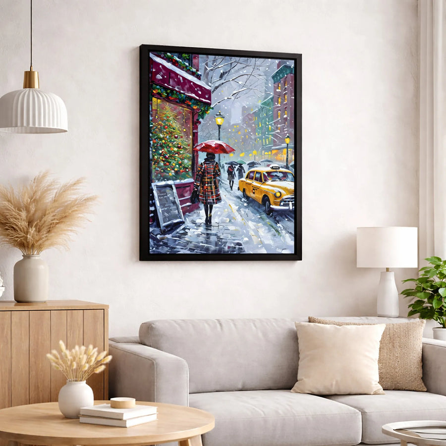 New York City Christmas Canvas Wall Art | Snowy NYC Taxi Street Scene | Premium Gallery Wrap Print | Festive Holiday Home Decor Gift