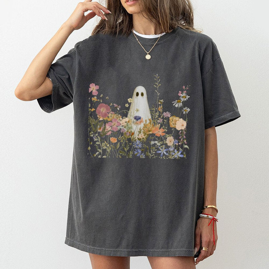 Ghost In Wildflowers T-Shirt | Cute Floral Halloween Graphic Tee | Premium 100% Cotton Shirt | Spooky Aesthetic Gift for Women and Teens