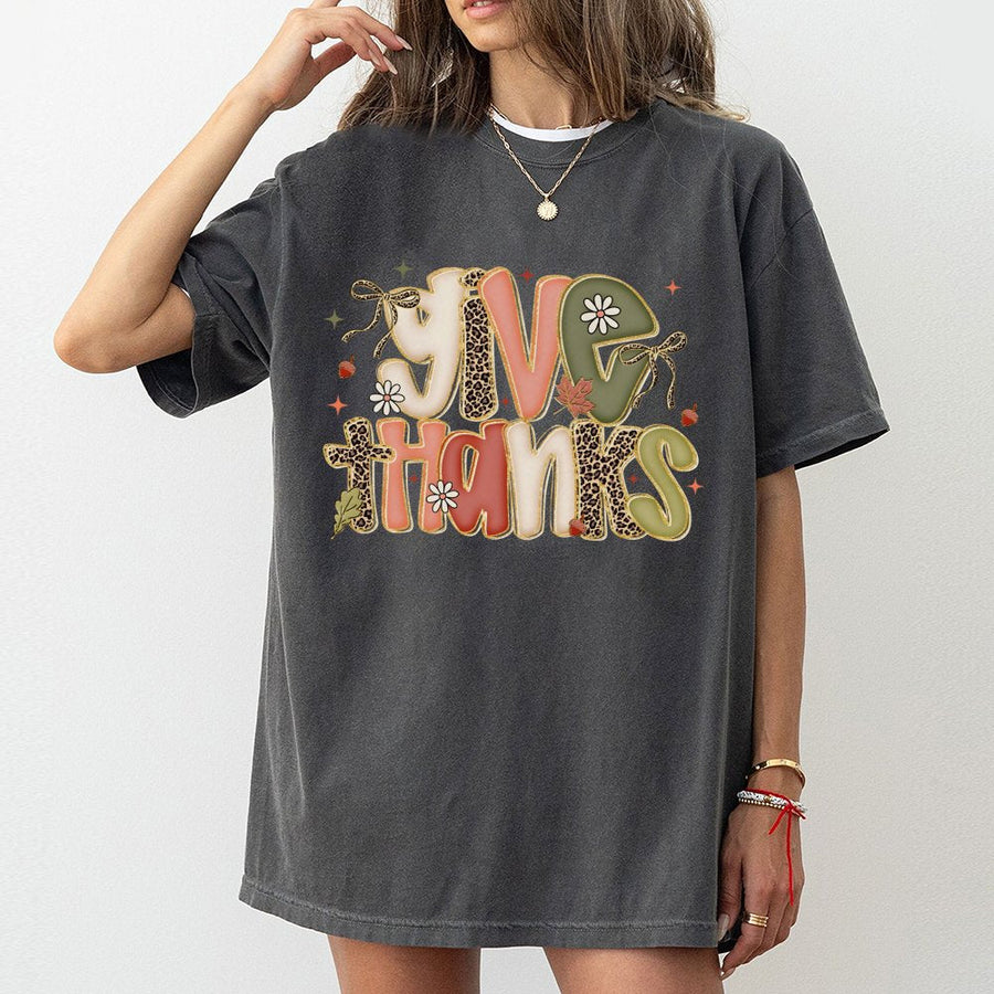 Give Thanks T-Shirt | Preppy Coquette Bow Fall Aesthetic | 100% Cotton Premium Tee | Cute Thanksgiving Outfit Gift for Her