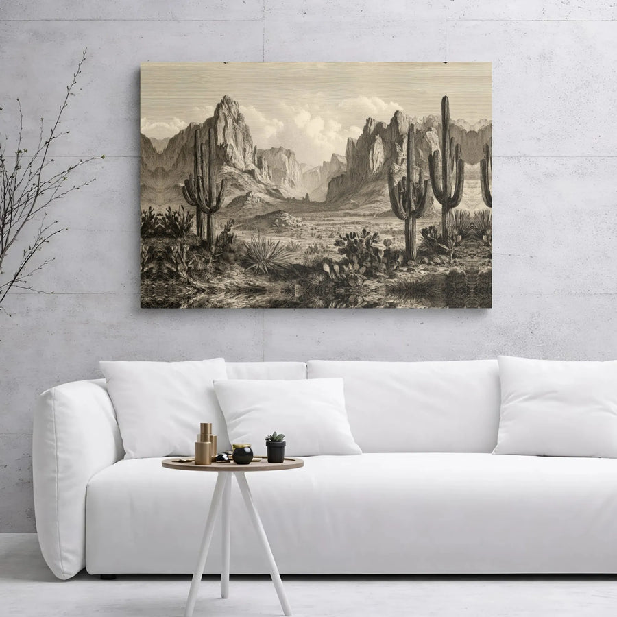 Southwestern Desert Canvas Wall Art | Vintage Saguaro Cactus Etching | Premium Gallery Wrap Print | Western Home Decor for Living Room