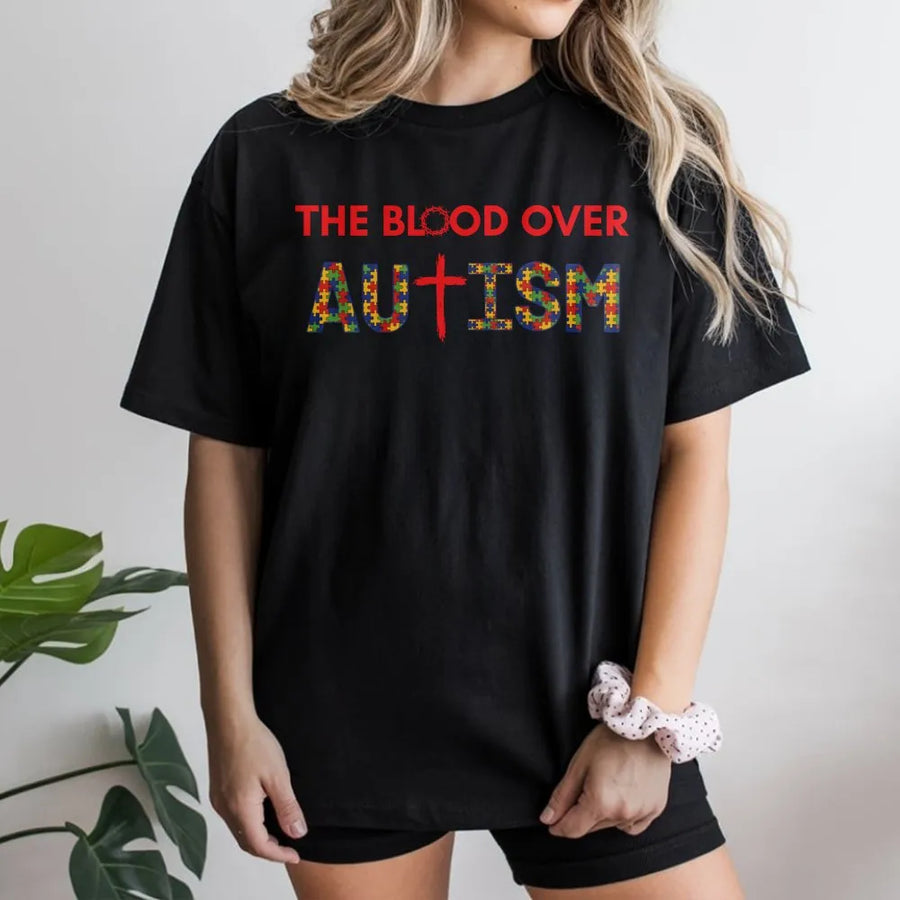 Blood Over Autism T-Shirt | Christian Puzzle Piece Cross Graphic Tee | Soft Cotton-Poly Blend | Faith Based Autism Awareness Gift