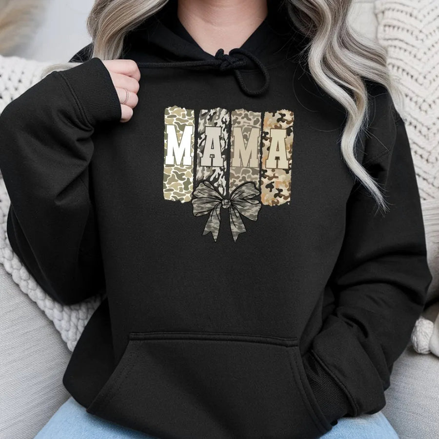 Mama Camo Hoodie | Trendy Camouflage Bow Graphic | Premium Soft Cotton Blend | Cute Country Mom Gift Idea