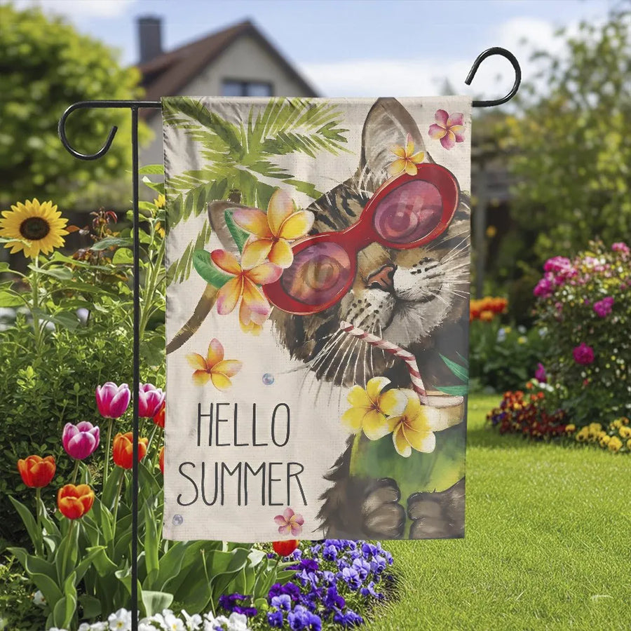 Hello Summer Cat Garden Flag | Funny Kitten in Sunglasses Tropical Floral Design | Double-Sided Premium Polyester Weather Resistant | Fun Yard Outdoor Decor Gift for Cat Lovers
