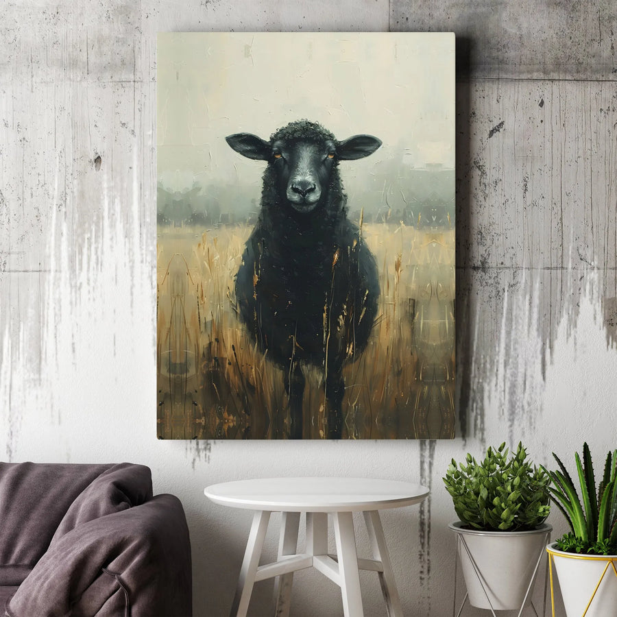 Black Sheep Canvas Wall Art | Textured Farm Animal Painting | Premium Gallery Wrapped Print | Rustic Farmhouse Home Decor Gift