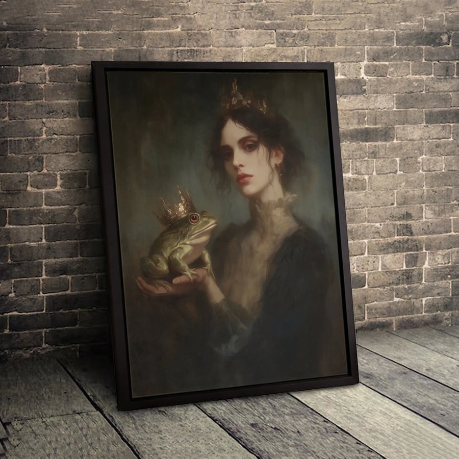 Gothic Queen with Crowned Frog Canvas | Moody Renaissance Fantasy Wall Art | Premium Gallery-Wrap Profile | Dark Academia Home Decor Gift