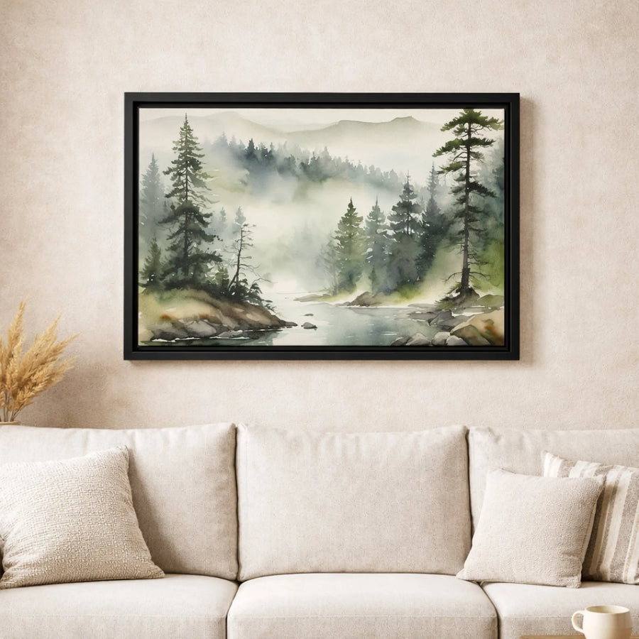Misty Forest Landscape Canvas Wall Art | Watercolor Pine Trees River Print | Premium Gallery Wrap 1.25" Profile | Nature Lover Home Decor Gift