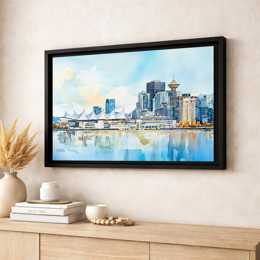 Vancouver Skyline Watercolor Print | Canada Place & Lookout Art | Premium Gallery-Wrapped Canvas | Home Office Decor Gift