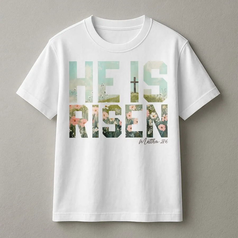 He Is Risen T-Shirt | Floral Cross Bible Verse Graphic | Premium 100% Cotton | Religious Easter Gift for Believers