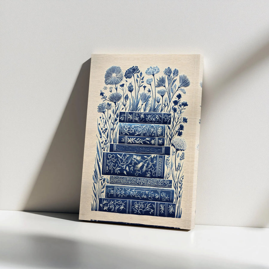 Botanical Bookshelf Canvas Wall Art | Vintage Linocut Style Floral Illustration | Premium Gallery Wrapped Canvas | Book Lover Gift & Library Decor