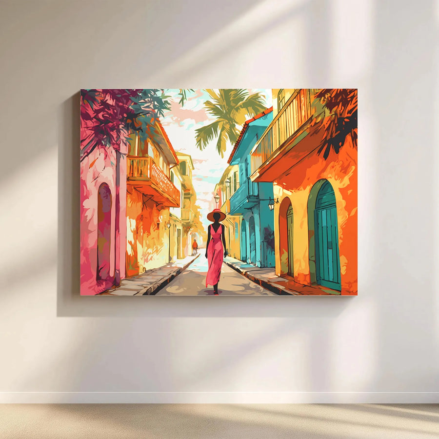 Tropical Street Canvas Art | Vibrant Colorful Town Painting | Premium Gallery Wrap 1.25" Frame | Bohemian Wall Decor for Living Room