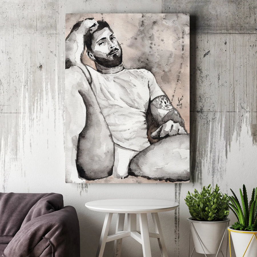 Bearded Man Wall Art | Watercolor Male Portrait Print | Premium Gallery Wrapped Canvas | Masculine Home Decor for Bedroom or Living Room