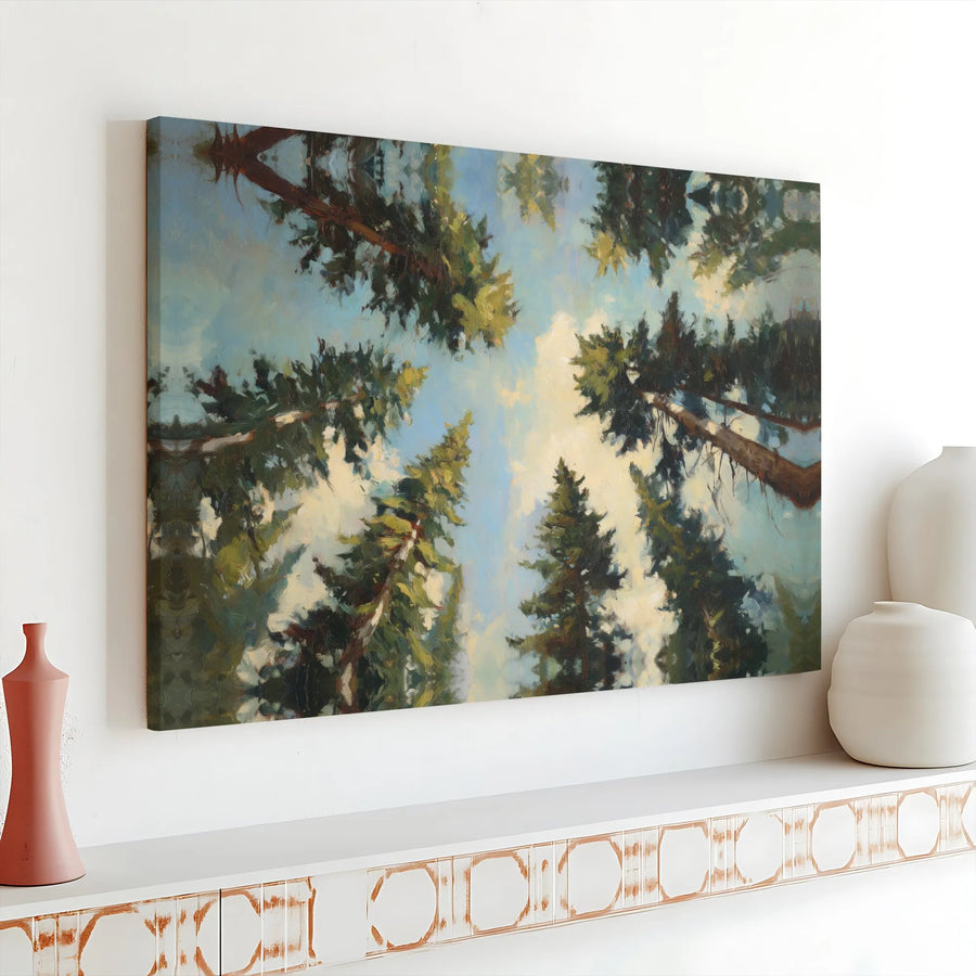 Pine Forest Canopy Canvas Wall Art | Looking Up Through Trees Nature Print | Premium 1.25" Gallery Wrap | Modern Home Office Decor Gift