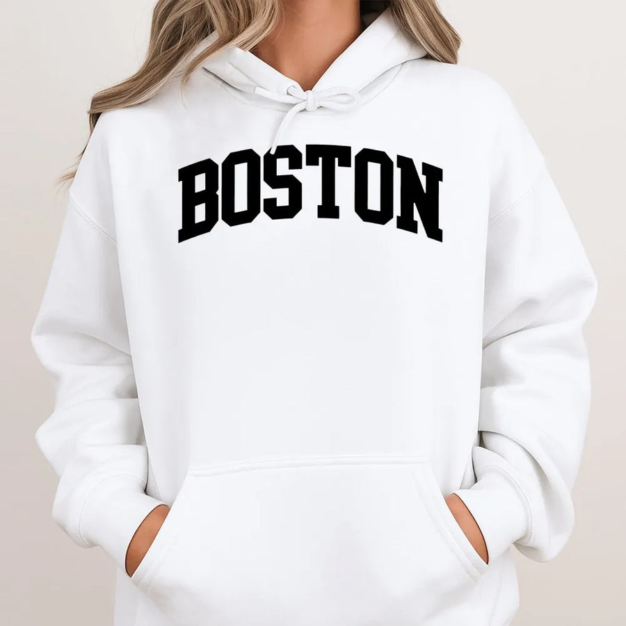 Boston Varsity Hoodie | Retro Arch Lettering Graphic | Premium Cotton Blend | Unisex Streetwear Gift for Men and Women