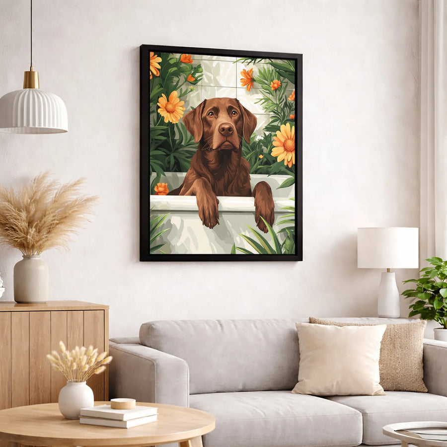 Chocolate Labrador Wall Art | Cute Dog In Bathtub With Floral Decor | 1.25-Inch Premium Gallery Wrap Canvas | Gift For Dog Lovers & Pet Owners