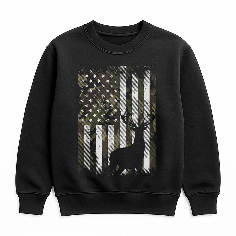American Flag Deer Camo Sweatshirt | Patriotic Hunter Wildlife Graphic | Cotton Blend Premium Crewneck | Gift for Outdoorsmen and Hunters