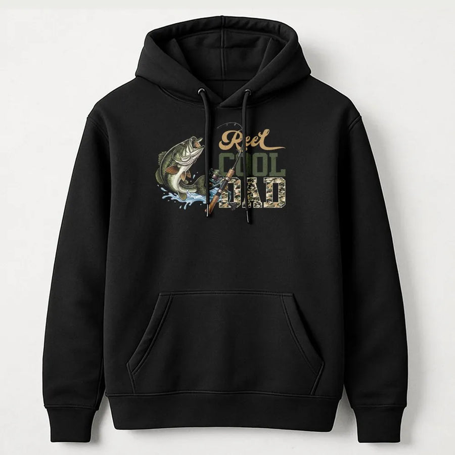 Reel Cool Dad Fishing Hoodie | Bass Fish & Rod Graphic | Premium Cotton Blend | Gift for Fisherman Dad
