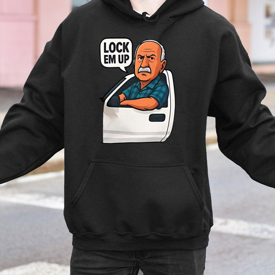 Lock Em Up Funny Graphic Hoodie | Retro Car Cartoon Design | Premium Cotton Blend | Gift For Men And Women Viral Humor Apparel