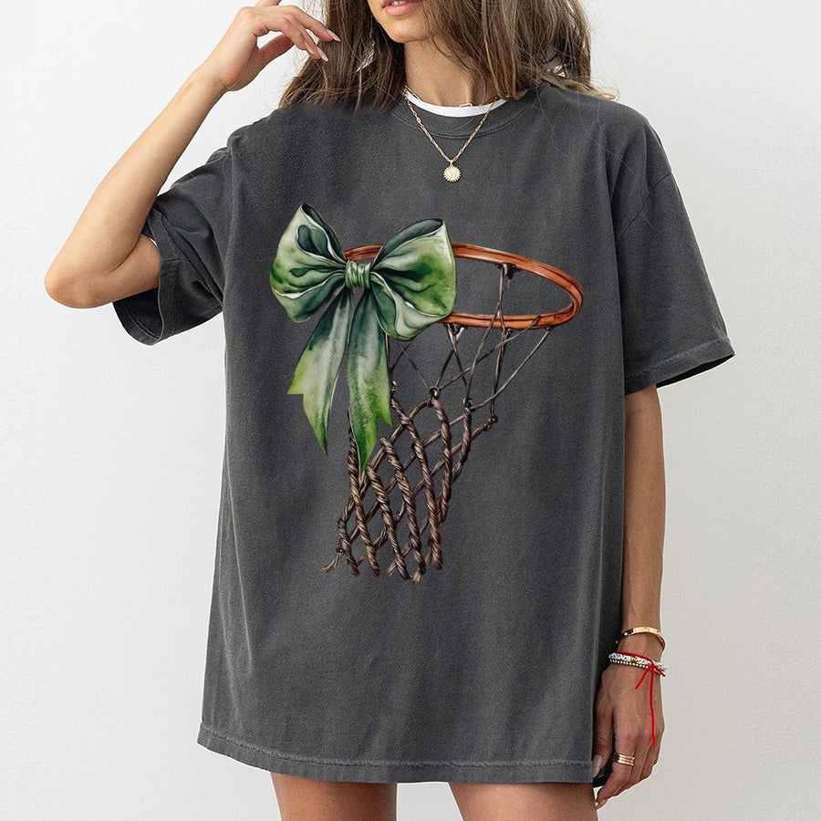 Basketball Mom T-Shirt | Aesthetic Hoop With Green Ribbon Design | Premium 100% Cotton Tee | Trendy Sport Game Day Apparel Gift