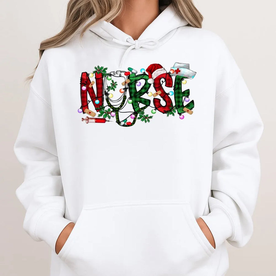 Christmas Nurse Hoodie | Plaid Festive Medical Graphic | Premium Cotton Blend | Gift for Nurses and Nursing Students